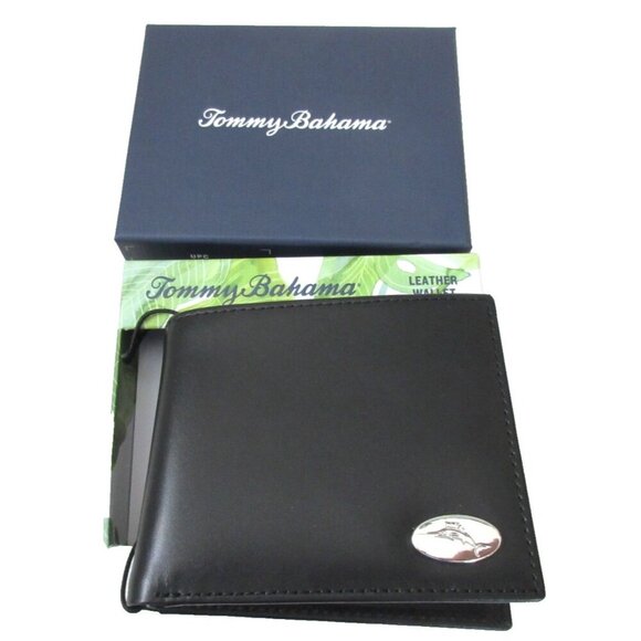 Tommy Bahama Men's Slim Bi Fold Black Genuine Leather Wallet Embossed Marlin NIB - Picture 1 of 6